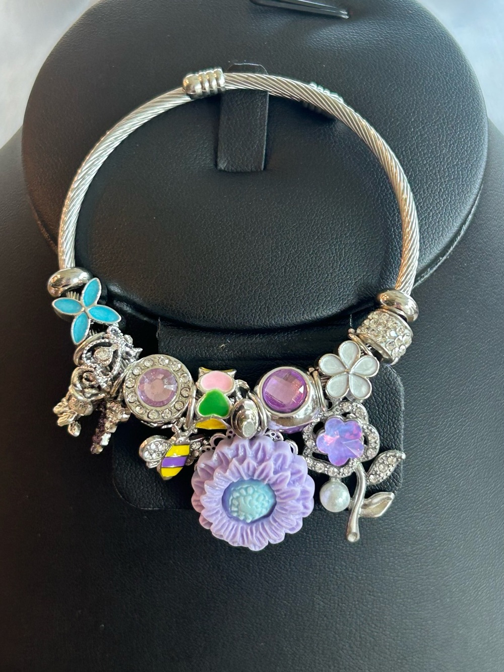 Brand New Silver Charm Bangle Bracelet with Purple Floral Accents